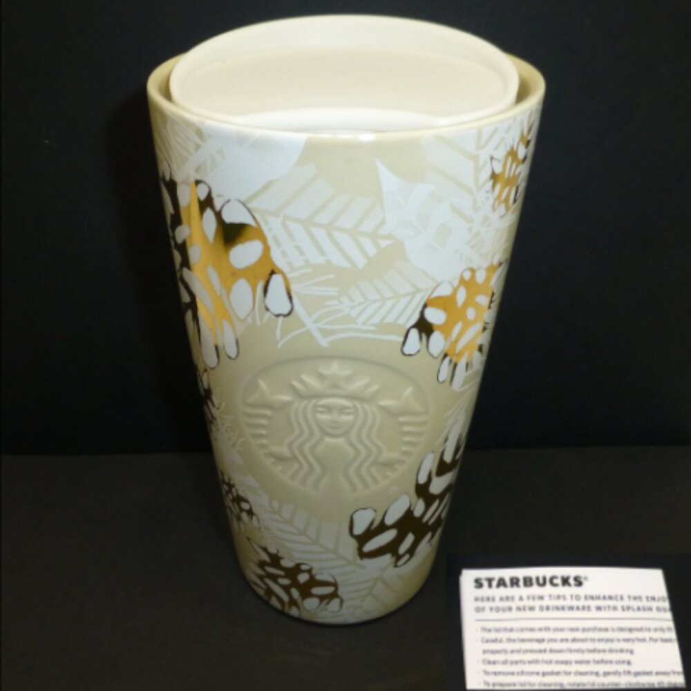 New Starbucks gold pinecone ceramic tumbler travel cup holiday Christmas 2020